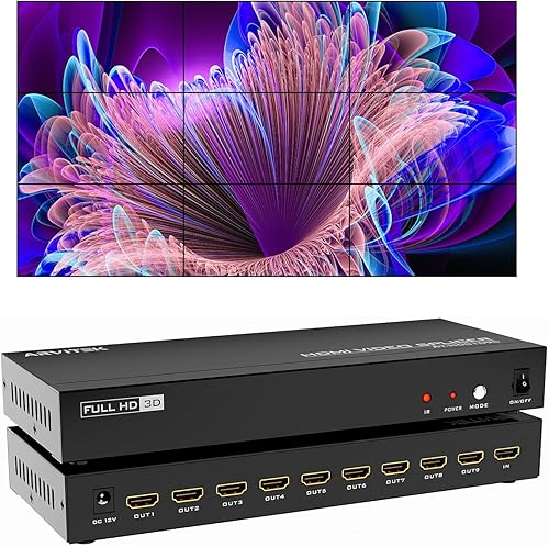 4K HDMI Video Wall Controller 3x3, Arvitek 9 TV Screens Into 1 Wall Display TV Wall Controller w/Remote, HDMI Video Splitter w/ 13 Splicing Display Mode - Poueer