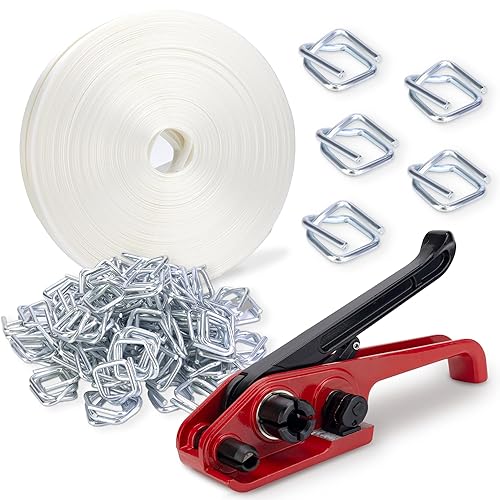 Heavy Duty Packaging Banding Strapping Kit - Upgraded Strapping Tensioner Tool Set with 3/4' x 330' Polypropylene Composite Banding Coil,100 Metal Buckles，2500 lbs Break Strength - Poueer