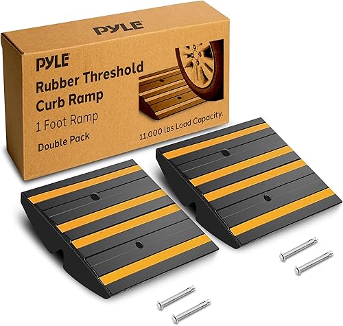 Pyle 1 Ft. Rubber Curb Ramp - Pack of 2 Heavy Duty Non-Slip Threshold Ramps for Driveways & Sidewalks, Yellow Reflective Strips, Marine Grade, Expansion Screws Included, 12.0’’x 16.0’’ x 2.6’’ Inches - Poueer