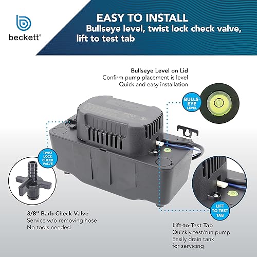 Beckett BK171UL Condensate Pump with Safety Switch, 115V, 17 ft Max Lift, 112 GPH, Automatic On/Off Operation, Black - Poueer