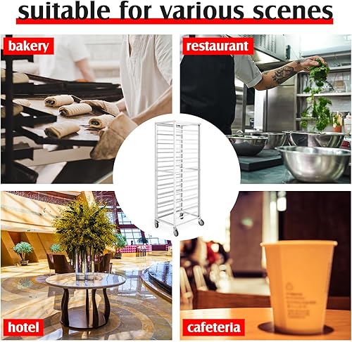 Jinei 20 Tier Aluminum Sheet Pan Rack, Commercial Bakery Rack with Wheels Baking Rack Bun Rack Pizza Pan Rack for Kitchen, Restaurant, Cafeteria, Hotel, Home, 25'' L X19'' W X70'' H - Poueer