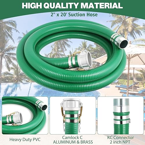 Heavy Duty 2' x 20' Green PVC Discharge Hose Pump Kit, Pool Suction Hose with Aluminum Camlock Fittings, Steel Round Strainer, Cam & Groove Adapter - Poueer