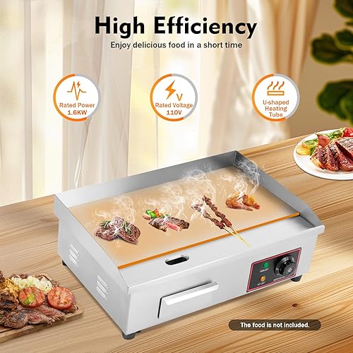 110V 1600W Commercial Electric Countertop Griddle Commercial Grill Griddle Stove Stainless Steel Flat Top Griddle with Adjustable Thermostatic Control for Home, Kitchen, Restaurant - Poueer