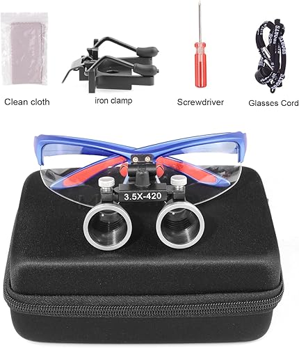3.5x420 MM Angle Adjustable Binocular Loupes Magnifier Glasses Lab Magnification loupes with Black Cloth Case (Blue) - Poueer