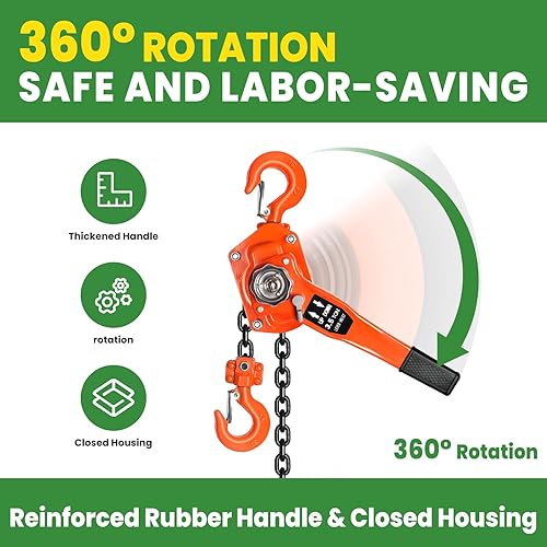 Vohala Manual Lever Hoist Come Along 3-2/1 TON 7716 LBS Capacity 10FT Lift 2 Heavy Duty Hooks Commercial Grade Steel for Lifting Pulling Construction Building Garages Warehouse Automotive Machinery - Poueer