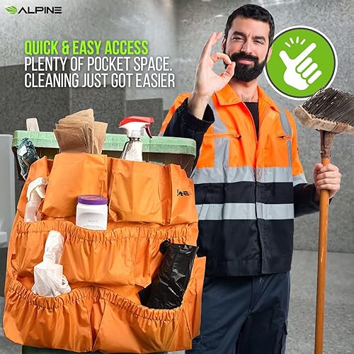 Alpine Trash Can Caddy Bag - 12 Pockets Commercial Cleaning Caddy Bag for Brute & all Industrial Trash Cans & Garbage Bins - Heavy Duty Washing Machine Friendly Yellow Trash Can Caddy Bag with Straps - Poueer