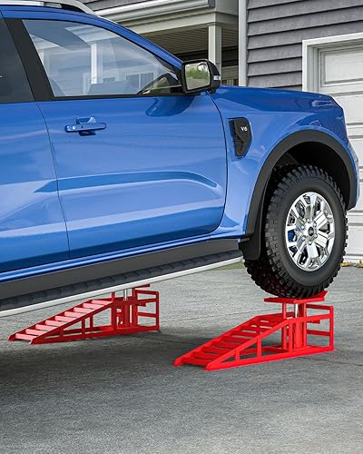 Hydraulic Car Ramps, 4-Position Adjustment, 5T 11000lbs Low Profile Car Lift Service Ramps Truck Trailer Garage,Height Hydraulic Vehicle Ramps, Lift Height 11.61-16.21 inches - Poueer