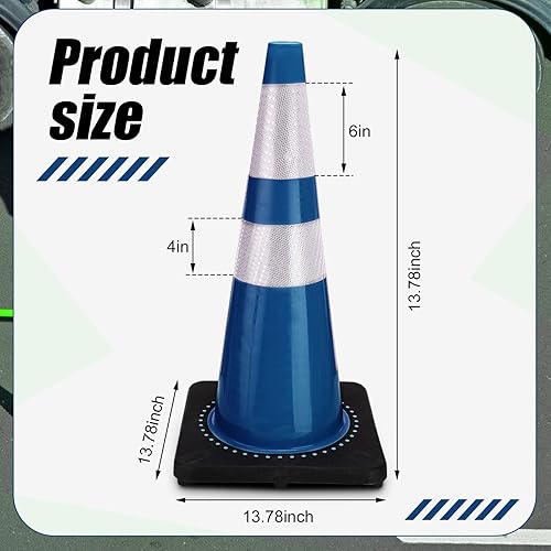 6 Pack Traffic Safety Cones Plastic PVC Blue Traffic Cones with Black Base and Reflective Collars for Street Hazards, Training, Road Construction, Parking Lot (18 Inch) - Poueer
