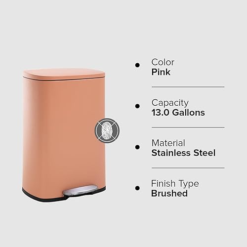 Trash Can, Garbage Can 13 Gallon/ 50L Stainless Steel Metal Bathroom Step Waste Bin for Home and Kitchen Waste and Recycling,Pink - Poueer