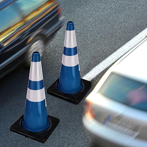 6 Pack Traffic Safety Cones Plastic PVC Blue Traffic Cones with Black Base and Reflective Collars for Street Hazards, Training, Road Construction, Parking Lot (18 Inch) - Poueer