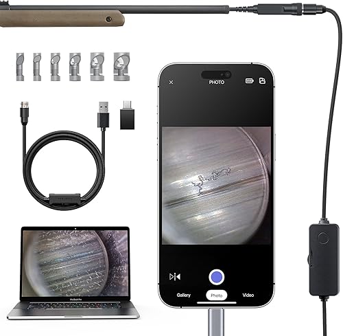 Teslong Rifle Borescope for Phone & PC, USB C Bore Scope Camera with Lights & Mirror Set, Fits .20 Caliber & Larger, Flexible Gun Cleaning Camera, Compatible with iPhone 15/16 & USB-C Android Devices - Poueer