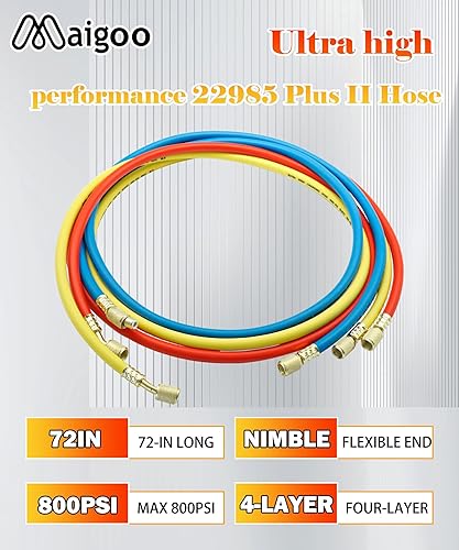New Upgrade 29985 Plus II Manifold Hose Set,72' Standard 1/4' FL to 1/4' Low Loss Hvac Hoses Compatible with R410A and All Common Refrigerants-800 PSI Working Pressure(3 Pack) - Poueer