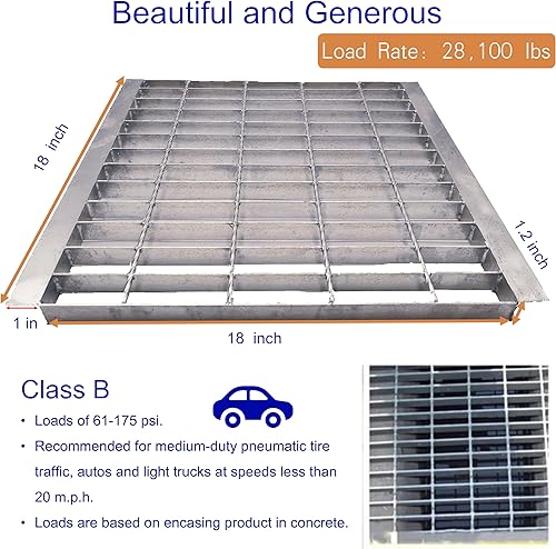 Galvanized Steel Drain Grate with Base, 16x16 Outdoor Drain Cover and Frame, B Class Sewer Grate with Lip, Durable Heavy Duty Channel Grate, Sliver Square Drainage Grate Driveway - Poueer