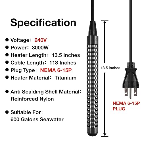 240V 3000W Titanium Immersion Bathtub and Swimming Pool Water Heater,Fully Submersible Portable Electric Heater,30 Galons Bathtub Heater,Seawater Aquaculture,NEMA 6-15P Plug,100% Waterproof - Poueer