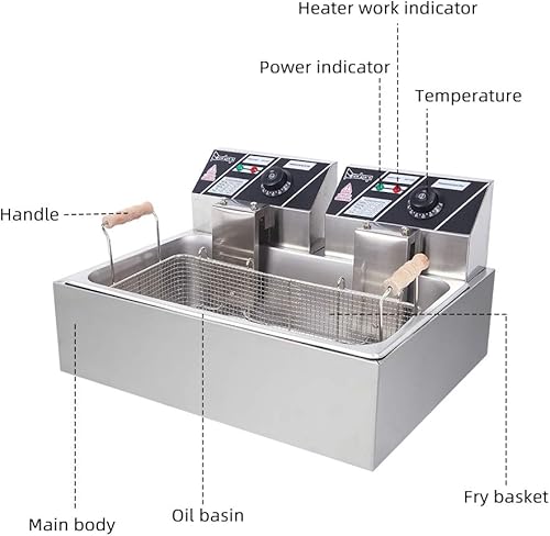 1700W Commercial Stainless Steel Deep Fryer 12.5QT with Oil Drain Faucet, 60-Min Timer & Thermostat Control - 8L Large Capacity for Restaurants/Home Use - Poueer