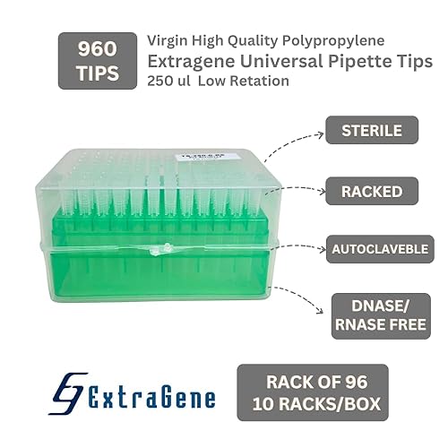 Universal 200 ul Pipette Tips, Racked, Sterile, DNase/RNase & Pyrogen Safe, 96 Tips/Rack, Pk x 10 Racks (Yellow) - Poueer