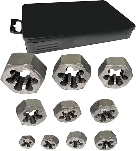 10 Piece UNC Pipe Die Set 1/4', 5/16', 3/8', 7/16', 1/2', 9/16', 5/8', 3/4', 7/8' and 1', Rethreading, Carbon Steel ,Black Box with Handle - Poueer