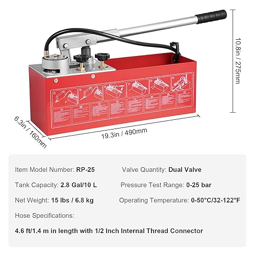 VEVOR Test Pump, Pressure Test Pump, Filling Pump, Pressure Test Pump, Hydrostatic Test Pump, Hydraulic Pressure Test Pump, 25 Bar / 2.5 MPa Water Pressure Tester, 12 L Tank Volume - Poueer