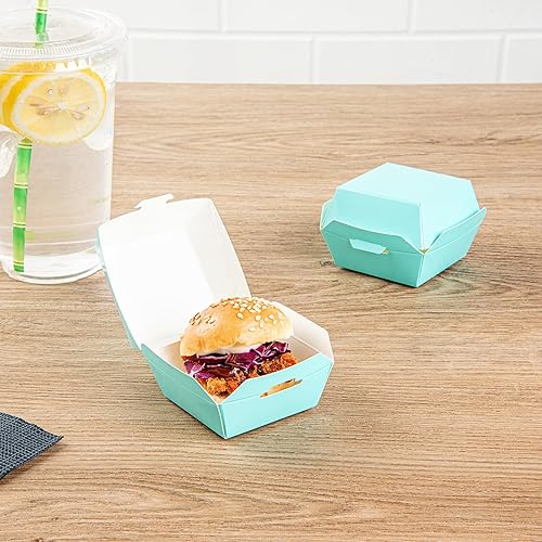Restaurantware 2.5 x 2.5 x 2 Inch Mini Burger Boxes 100 Clamshell Food Containers - Hinged Lid Disposable Turquoise Paper Take Out Boxes Serve Sliders Or Finger Foods - Poueer