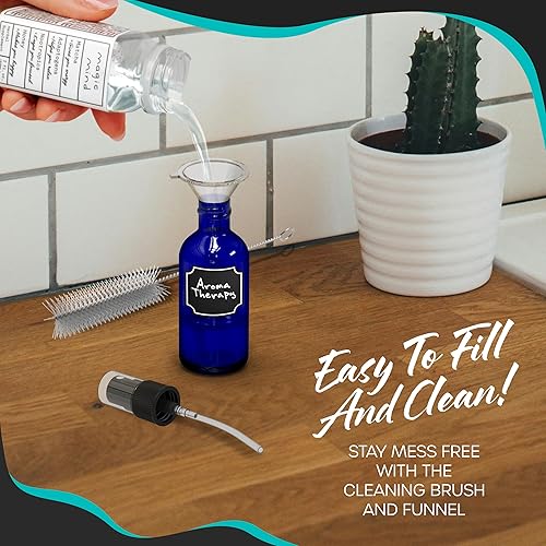 Nevlers 48 Pack Blue 1 Oz Glass Spray Bottle | The Blue Misting Glass Bottles Includes Sprayers, a Funnel & Brush with Bonus Labels to Easily Identify its Contents - Poueer