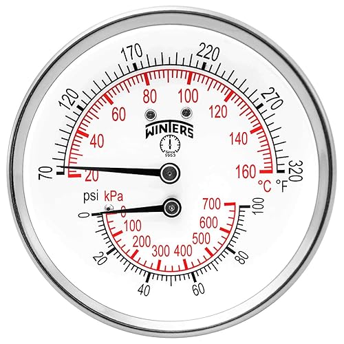 Winters TTD Series Steel Dual Scale Tridicator Thermometer with 2' Stem, 0-100psi/kpa, 3' Dial Display, ±3-2-3% Accuracy, 1/2' NPT Back Mount, 70-320 Deg F/C - Poueer