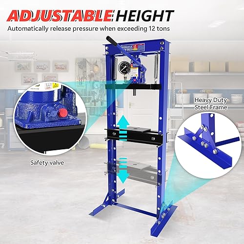 Hydraulic Shop Press,12 Ton H-Frame Garage Floor Adjustable Shop Bearing Press with Pressure Gauge & Stamping Plates to Bend, Straighten, Or Press Parts, Install Bearings & U-Joints - Poueer