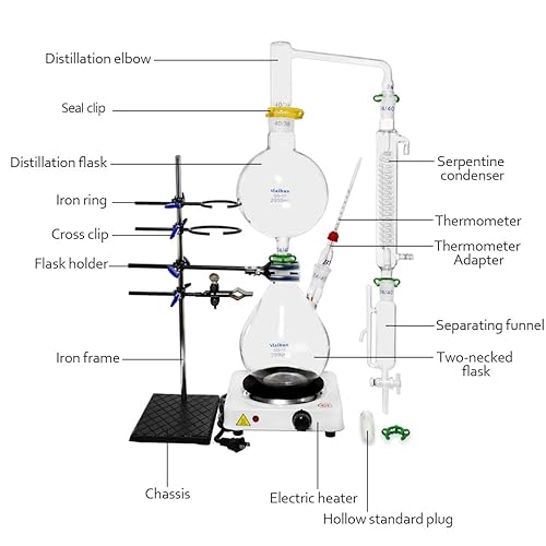 2000ml Essential Oil Distillation Apparatus Lab Glassware Kits Steam Water Distiller Purifier Kits w/Hot Stove Separating Funnel Graham Condenser S35 and 24/40 Joint - Poueer