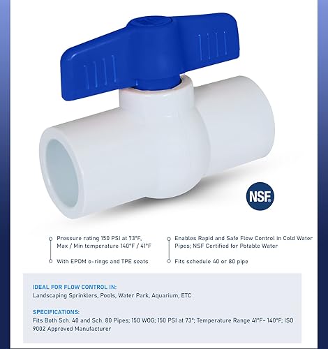 Midline Valve 487T400 PVC Ball Valve; Blue T-Handle for Potable Water; 4 in. Solvent Connections; White Plastic - Poueer