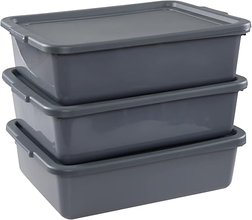 3-Pack 13 L Plastic Commercial Tote Box with Lid, Bus Tubs/Bus Box, Gray - Poueer