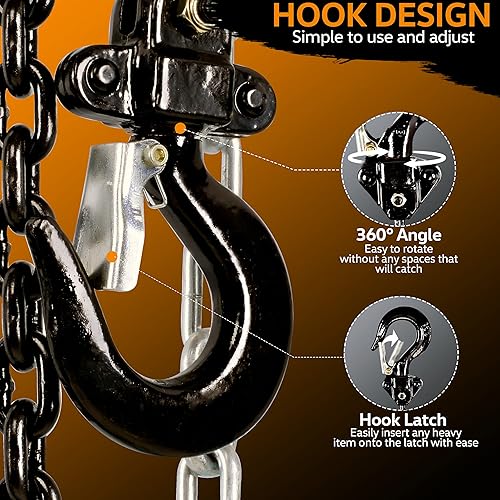 SuperHandy Manual Chain Block Hoist Come Along 1/2 Ton 1100Lbs Capacity 10 Foot Lift 2 Heavy Duty Hooks Industrial Grade Steel Construction Building Garages Warehouse Automotive Machinery - Poueer