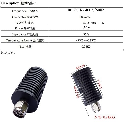 1 Pcs 60W N Male Connector Rf Dummy Load, RF Termination Load, 50 Ohm, DC to 3GHz/4GHz/6GHz(4Ghz) - Poueer