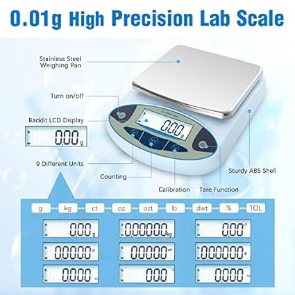 FOUR E'S SCIENTIFIC Lab Scale 5000gx0.01g High Precision Digital Laboratory Analytical Balance Scale 0.01g Accuracy Sensitive Science Scale Jewelry/Kitchen Scale - Poueer