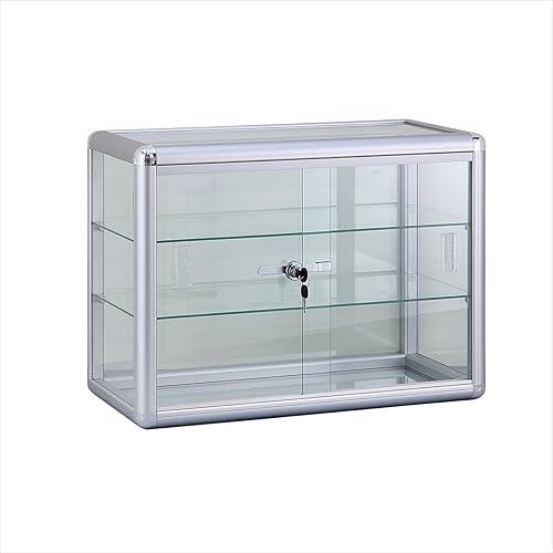 Black Aluminum Frame Tempered Glass Counter Top Display Showcase with Sliding Glass Door and Lock - Poueer
