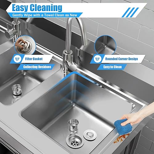 Commercial Utility Sink 3 Compartment Stainless Steel Sink Set Freestanding Restaurant Station with 2 Faucets Commercial Utility Basin for Bars, Kitchens (39 x 18 x 35.8In) - Poueer