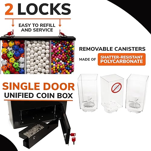 Vending Machine - Commercial Gumball and Candy Machine with Stand - Black Triple Vending Machine with Interchangeable Canisters - Coin Operated Candy Dispenser and Gumball Machine - Vending Dispenser - Poueer