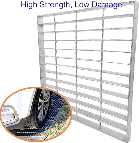 Galvanized Steel Drain Grate with Base, 16x16 Outdoor Drain Cover and Frame, B Class Sewer Grate with Lip, Durable Heavy Duty Channel Grate, Sliver Square Drainage Grate Driveway - Poueer