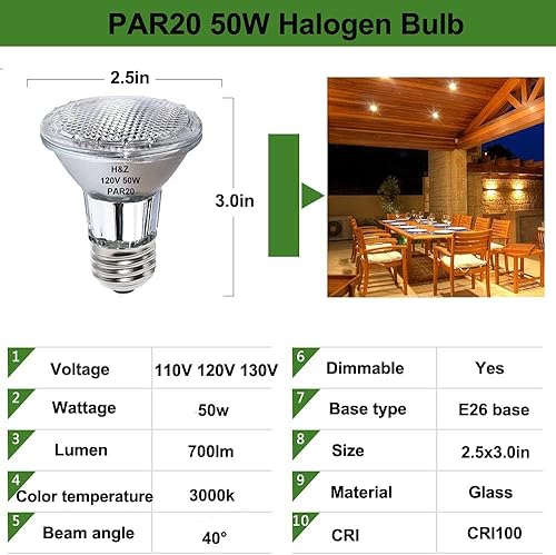 H&Z PAR20 Flood 39W 120V 480 Lumens, High Output 9 Pack 39W PAR20 Halogen Bulb (Equivalent 50W Halogen Bulb), Long Lasting PAR 20 Flood 39Watt 120V with 3000K Warm White, PAR 20 E26 Dimmable - Poueer