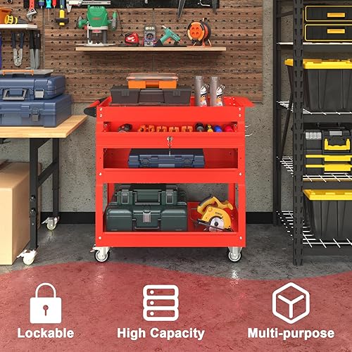 3 Tier Foldable Service Cart with Wheels, Rolling Collapsible Folding Utility Cart for Home, Office, Garage, and Warehouse (Red) - Poueer