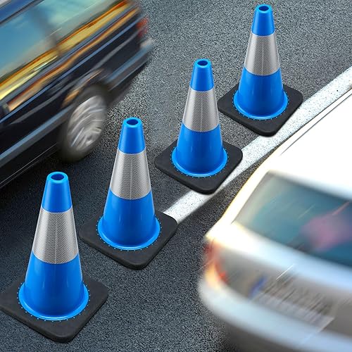 6 Pack Traffic Safety Cones Plastic PVC Blue Traffic Cones with Black Base and Reflective Collars for Street Hazards, Training, Road Construction, Parking Lot (18 Inch) - Poueer