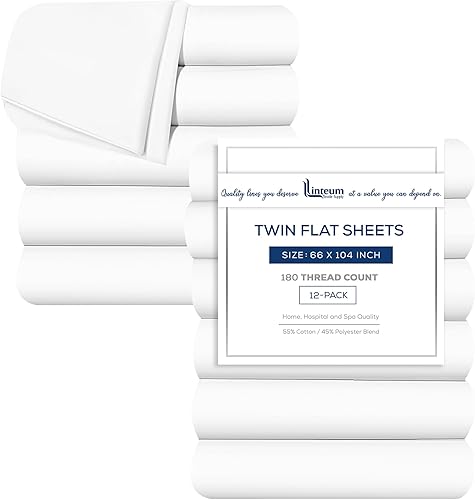 Linteum Textile Supply White Flat Sheet Twin 66x104 Inches 12-Pack Poly Cotton Blend 180 Thread Count Durable, Breathable Easy Care Top Sheets for Hotels, Hospitals, Spas, Healthcare Facilities - Poueer