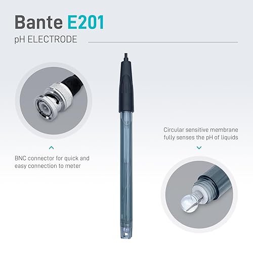 Bante E201 Combination pH Electrode | pH Probe | 0 to 14 pH Range, BNC Connector, 3.3 ft. Cable, Detachable Protective Shield - Poueer