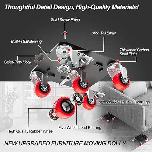 Furniture Dolly 5 Wheels Heavy Duty with Removable Side Guards,3307 Lbs Capacity,360° Rotating Wheels & Tail Brake,Furniture Movers Lifter Tool with Wheels for Appliances,Sofas,Beds,Pianos - Poueer