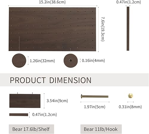 Wooden Pegboard, Sturdy Peg Board for Walls Modular Grid Organizer, DIY Storage and Display Panels with Shelves and Brass Hooks(Brown) - Poueer