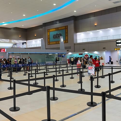 Geelin 6 Pack 9.8 ft Heavy Duty Crowd Control Stanchions Stainless Steel Stanchion Set with 6 Safety Barrier Post with Retractable Belt and 1 Sign Holder Crowd Control Barrier (Black) - Poueer