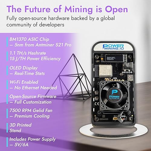 Bitaxe Gamma 601 ASIC Bitcoin Miner | 1.1 TH/s @ 18W | BM1370 Chip (Antminer S21 Pro) | Wi-Fi | USB-C | AxeOS | Open Source | Made in Europe | Incl. Power Supply & Stand - Poueer