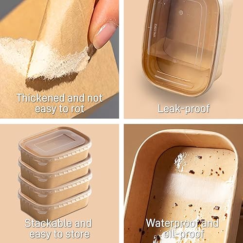 Paper Food Containers with Lids [50 pack] 35 oz Kraft Paper Meal Prep Containers with Lids, Microwavable and Freezer Storage Use Cardboard Food Containers, Disposable Take Out Containers - Poueer
