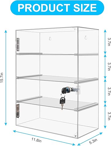 Locking Display Case,Showcase Display Cabinet,4-Tier Acrylic Display Case with Lock Key,Clear Detachable Countertop Display Cabinet with Shelves for Figures Rock Collectibles(11.81x5.31x15.75 inch) - Poueer