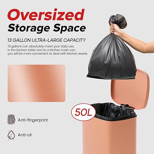 Trash Can, Garbage Can 13 Gallon/ 50L Stainless Steel Metal Bathroom Step Waste Bin for Home and Kitchen Waste and Recycling,Pink - Poueer