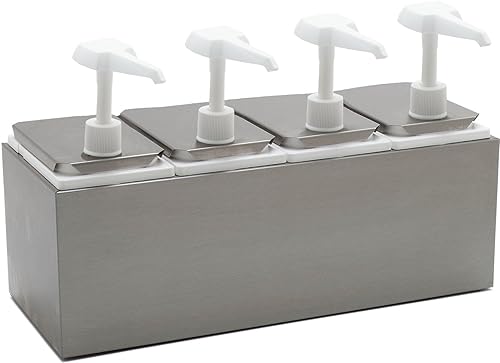 Carlisle FoodService Products Condiment Rail Condiment Center with 4 Standard Pumps for Gas Stations, Restaurants, and Fast Food Stainless Steel, 19.25 X 7.75 X 12.5 Inches, Silver - Poueer