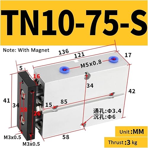 Cylinder Double Rod TN10 Cylinder Diameter 5/10/15/20/25/30/35/40/50/60/70/80/90/100/125/150mm Stroke Aluminum Alloy(TN10-25S) - Poueer